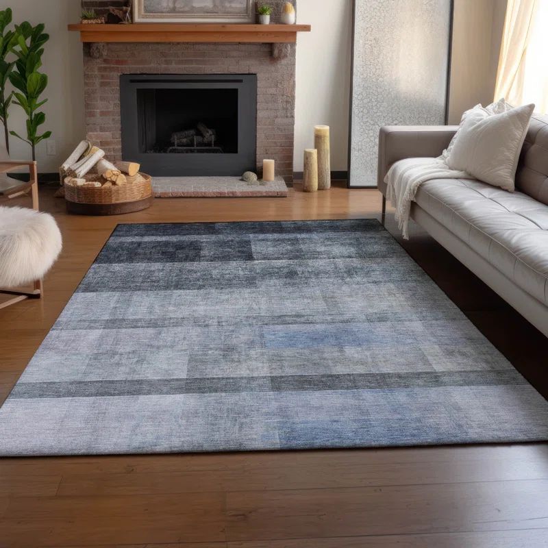 Navy Rectangular Washable Microfiber Rug with Non-Skid Backing