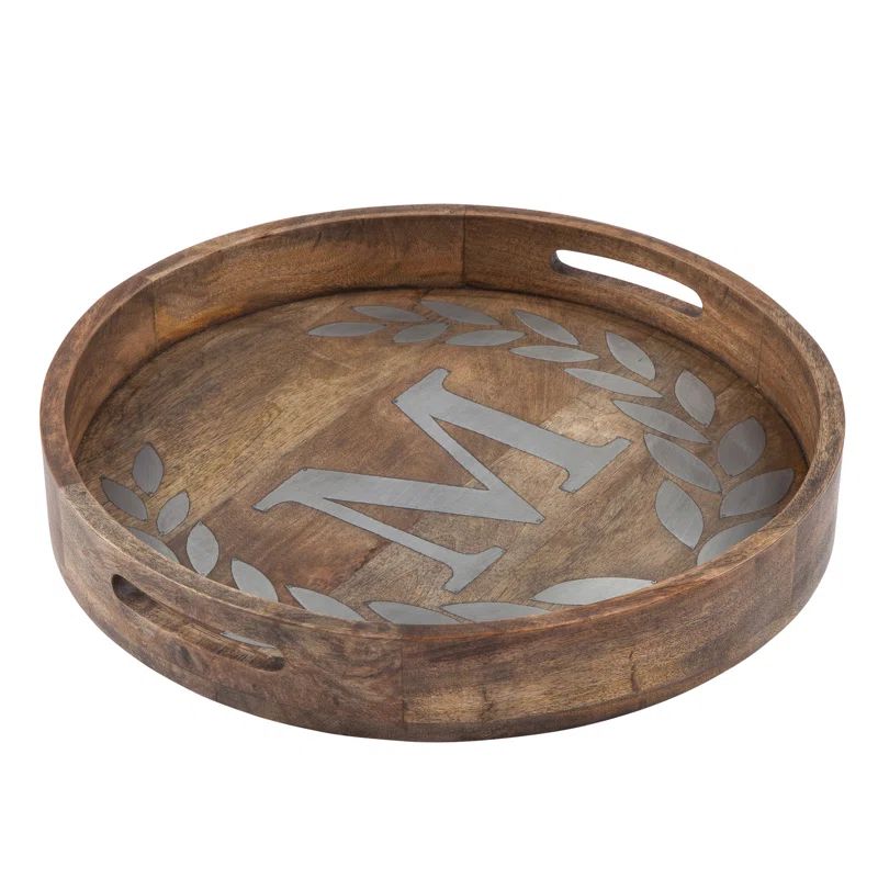 20" Round Mango Wood and Metal Monogram Tray