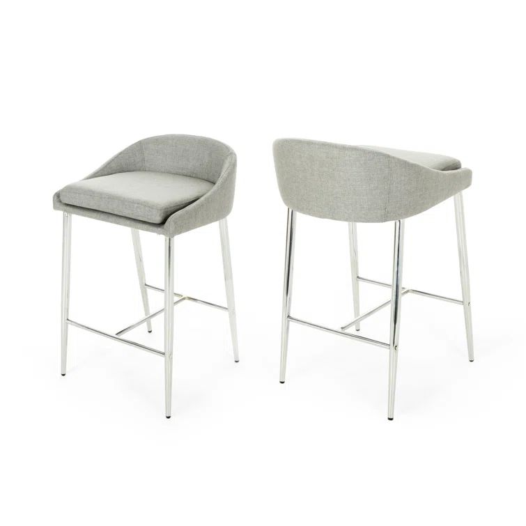 Set of 2 Gray Upholstered Counter Stools with Chrome Legs