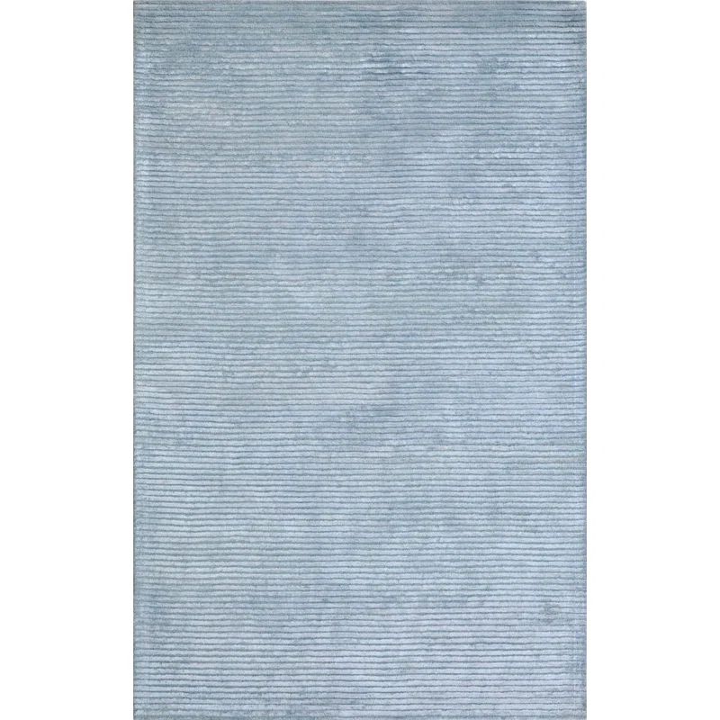 Ivory and Blue Hand-Tufted Wool Silk 9' x 12' Rug