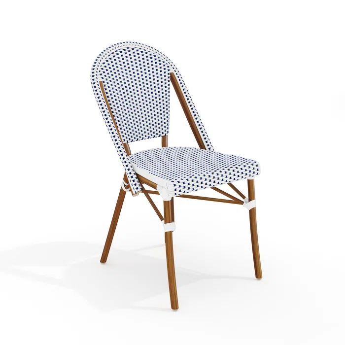 Navy and White Woven Rattan Bistro Chair with Natural Aluminum Frame