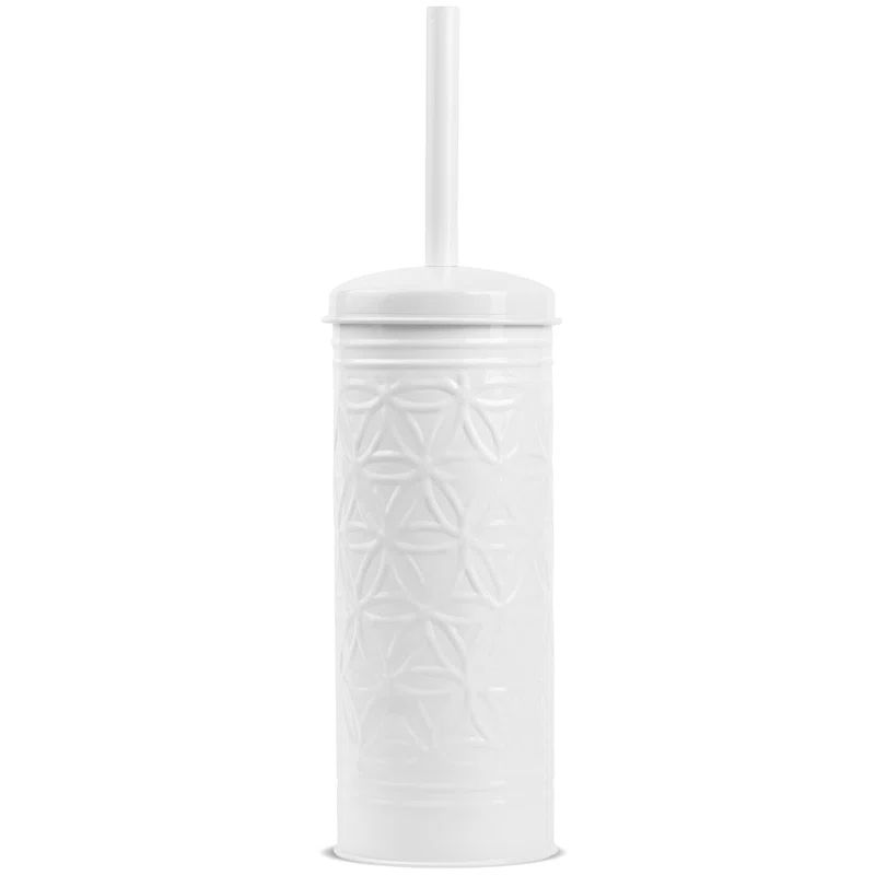 Embossed White Metal Toilet Brush and Holder Set