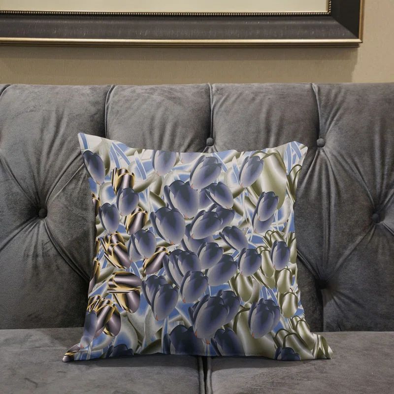 16" x 16" Blue and Silver Suede Floral Throw Pillow