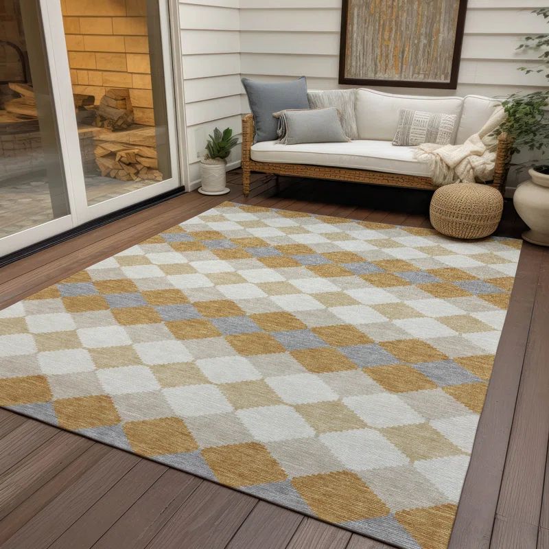 Gold and Gray Diamond Pattern Washable Area Rug