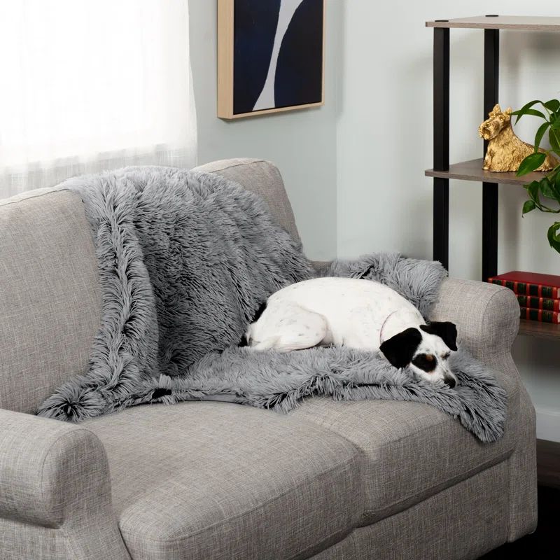 Gray Medium Waterproof Faux Fur and Velvet Outdoor Pet Blanket