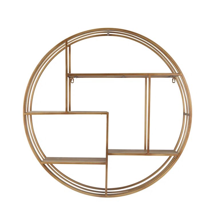 Elegant 32" Bronze Iron and Wood Round Wall Shelf for Living Spaces