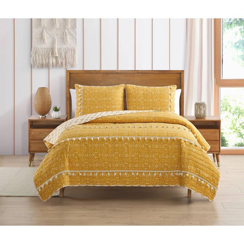Ivory and Golden Yellow Reversible Microfiber Twin Quilt Set with Tassels