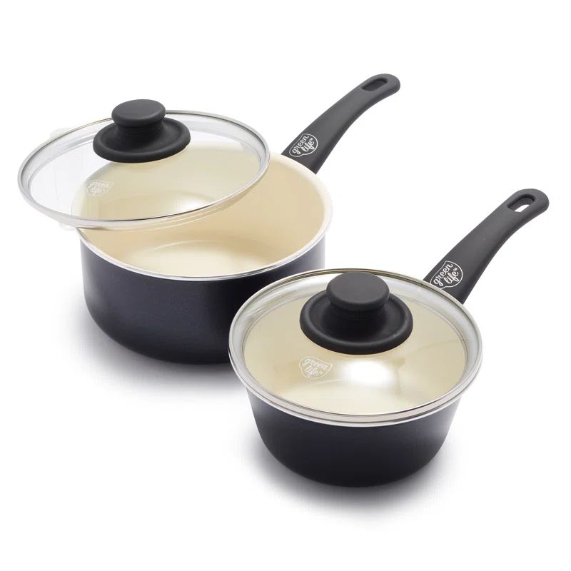 Black and Cream Aluminum Nonstick Saucepan Set with Glass Lids