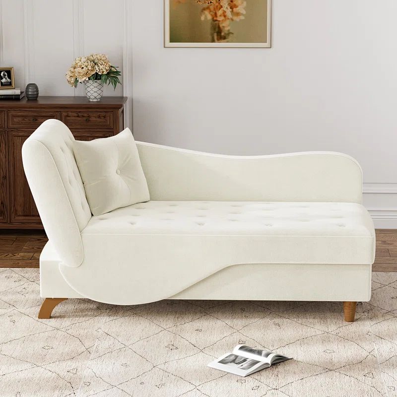 Beige Velvet Upholstered Chaise Lounge with Wooden Legs