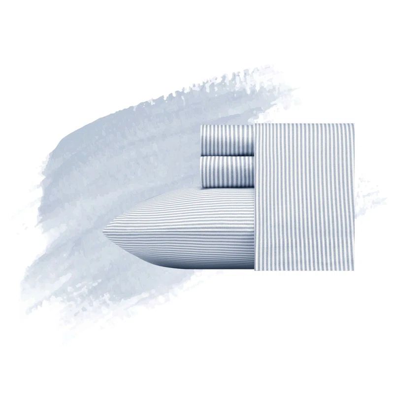 Twin XL Blue and White Cotton Percale Stripe Sheet Set