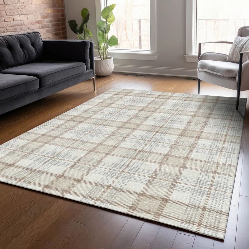 Ivory and Beige Plaid Flat Woven 5' x 7'6" Indoor/Outdoor Rug