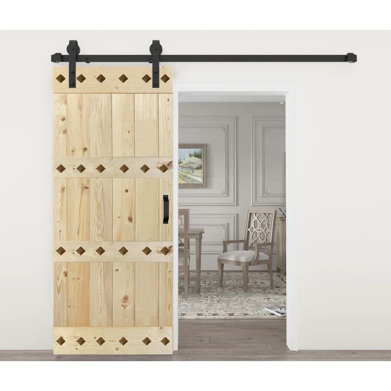 Natural Solid Wood Mid-Century Modern Barn Door Kit with Matte Black Hardware