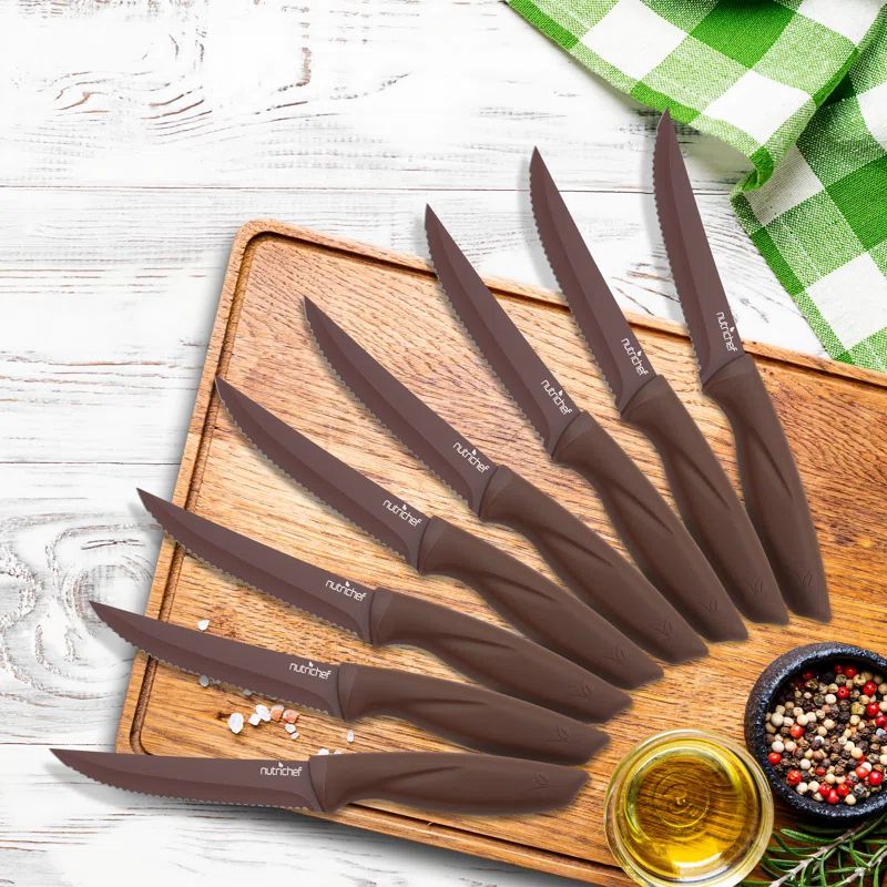 NutriChef 8-Piece Brown Stainless Steel Steak Knife Set