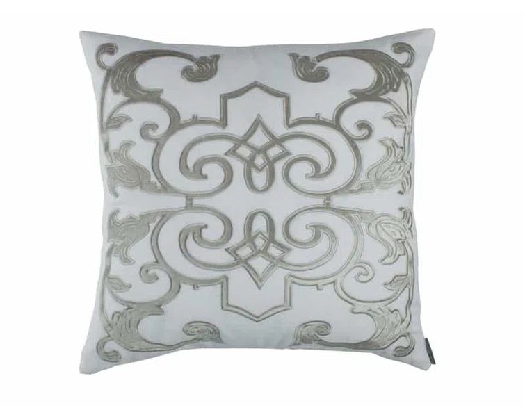 Ice Silver and White Linen Appliqued Square Throw Pillow