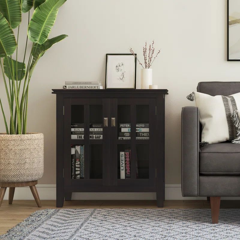Hickory Brown Solid Wood Low Storage Cabinet with Glass Doors