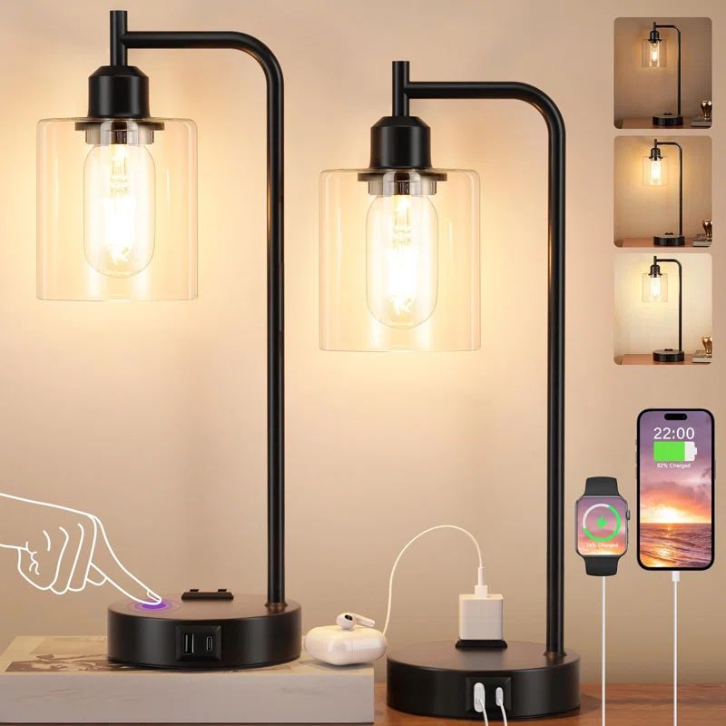 Industrial Black Touch Table Lamps Set with Glass Shade