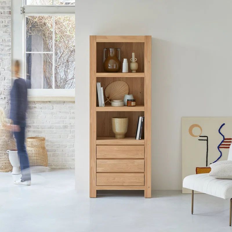 Tikamoon Solid Wood Eden Storage Bookcase with 3 Drawers - Brown