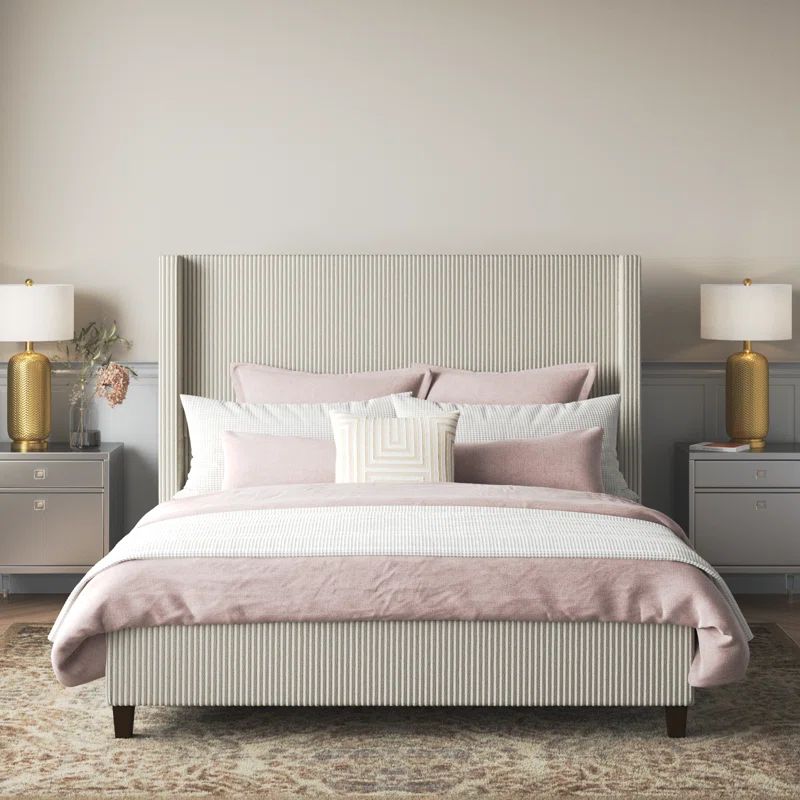 Cream Corduroy Upholstered King Bed with Wingback Headboard