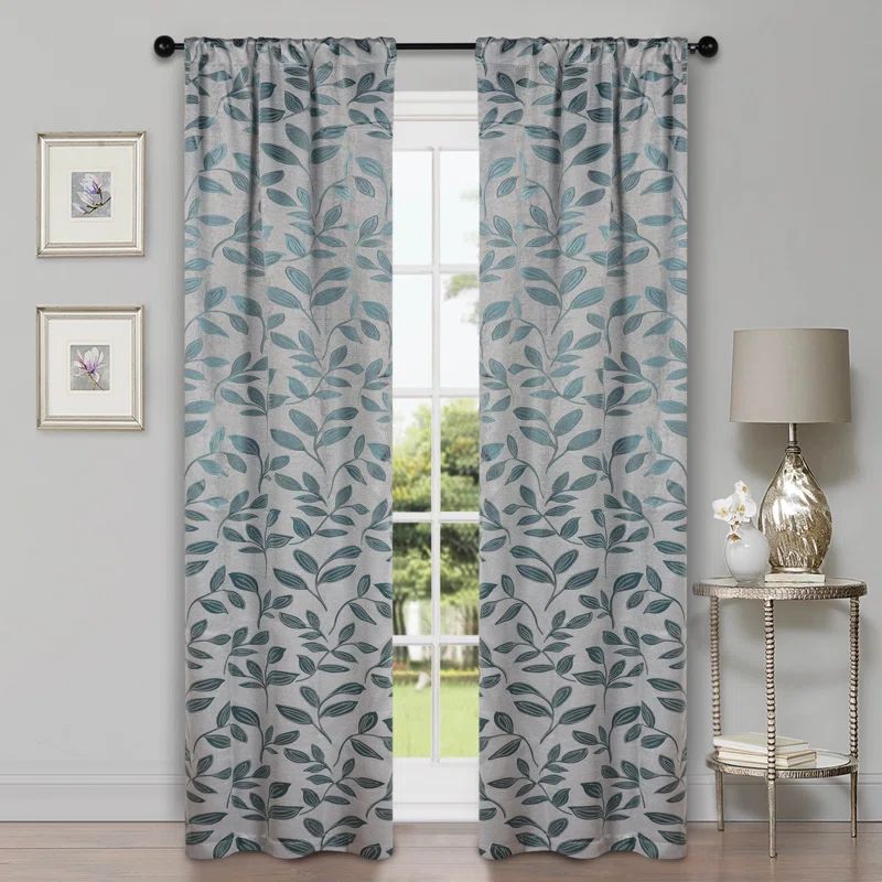 Teal Polyester Blackout Leaves Design Window Panel Set