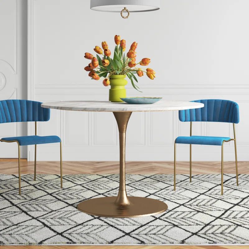 Ithaca 47" Round White Marble and Gold Pedestal Dining Table