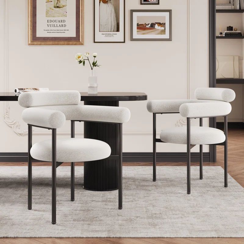 White Upholstered Metal Arm Chair with Slat Back