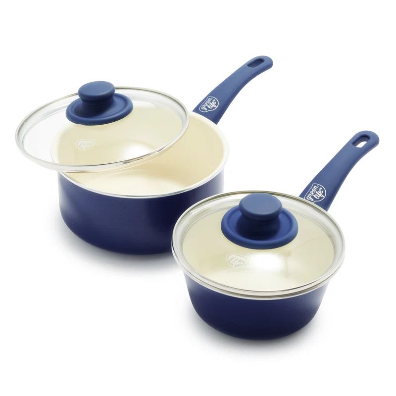Blue Ceramic Nonstick Aluminum Saucepan Set with Glass Lids
