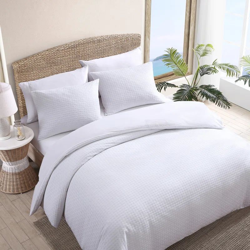 Serene Basketweave Queen Cotton Duvet Cover Set - White