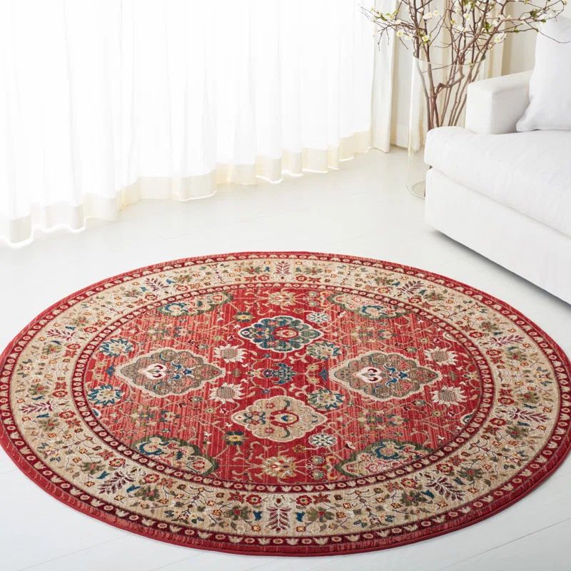 Ariel Round Red and Beige Floral Wool Area Rug