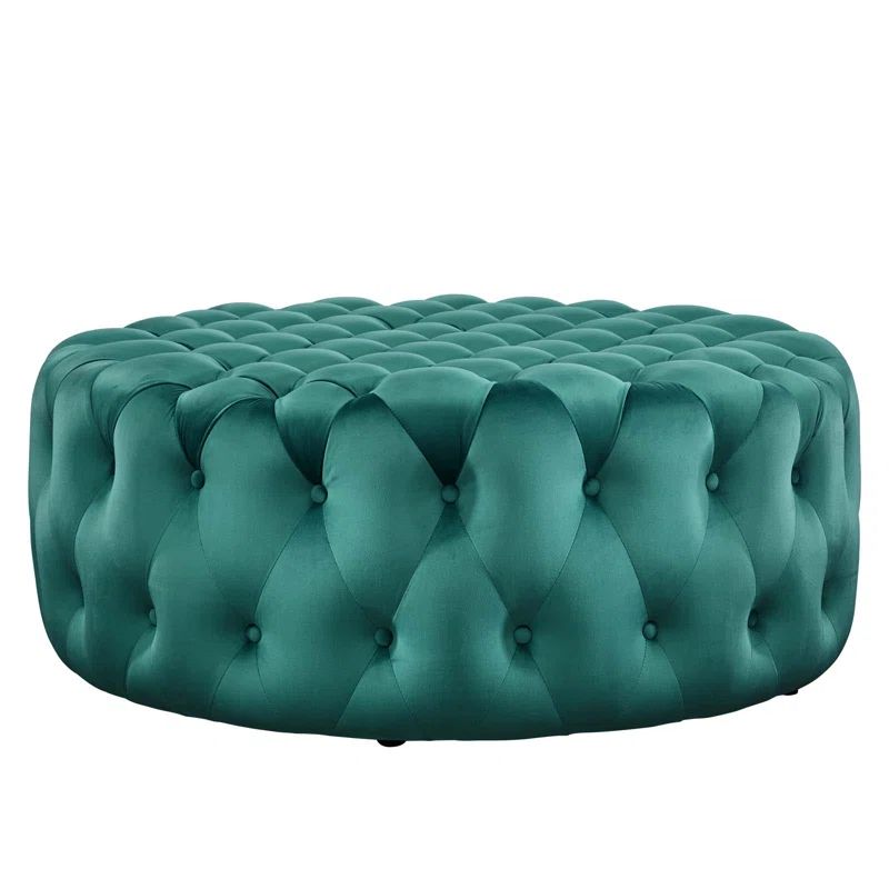 Teal Velvet Tufted Round Ottoman with Button Accents