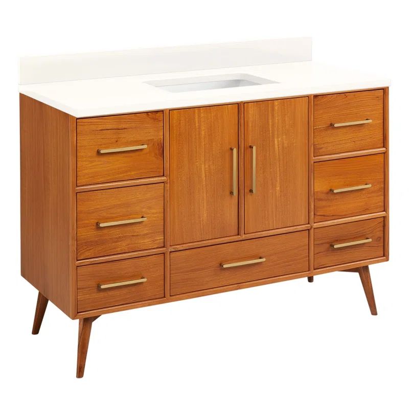 48" Natural Teak Single Bathroom Vanity with White Quartz Top