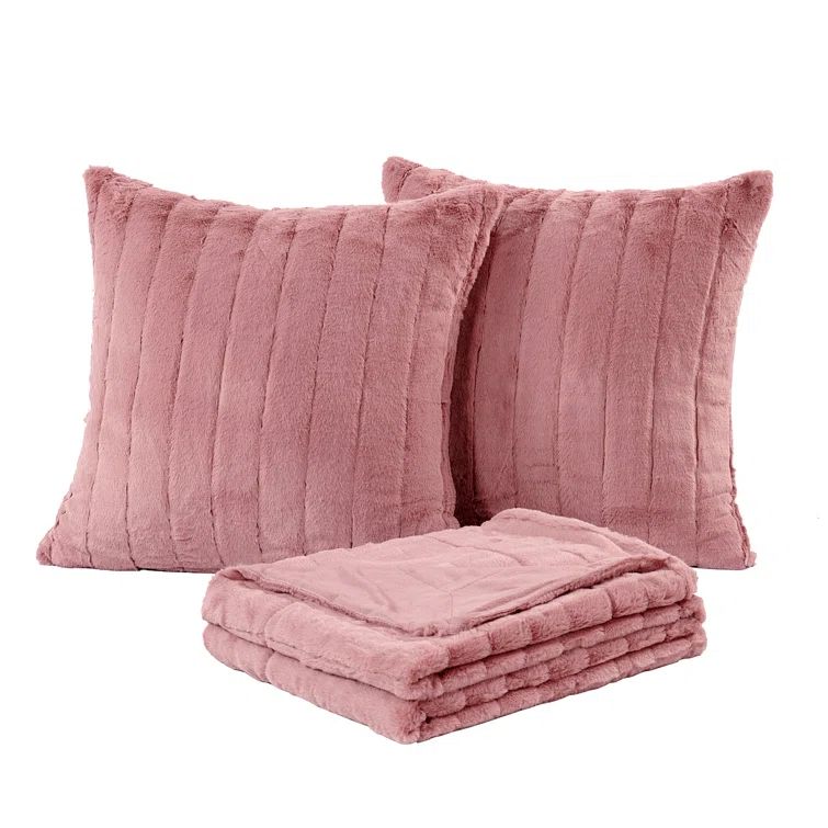 Ash Rose Faux Fur Throw Blanket and Pillow Set, 50" x 60"