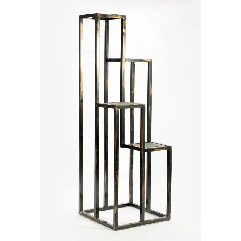 48" Black and Gold Cast Iron 4-Tier Plant Stand with Gray Stone Shelves