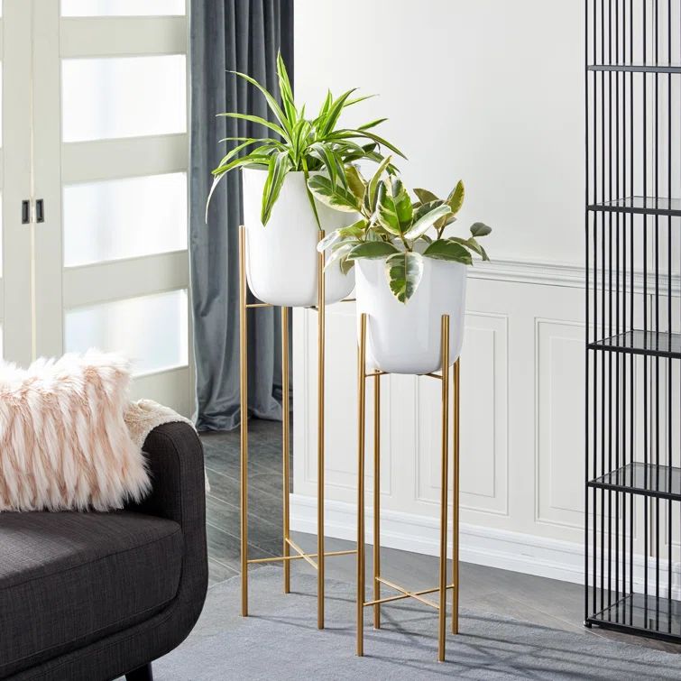 White and Gold Tall Metal Indoor Outdoor Planter Set with Removable Stand