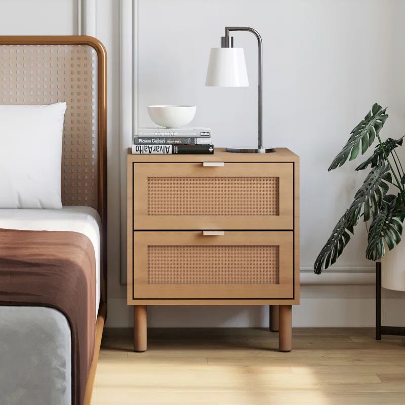 Orre Brown Solid Wood Nightstand with Rattan Panels and Cylindrical Legs