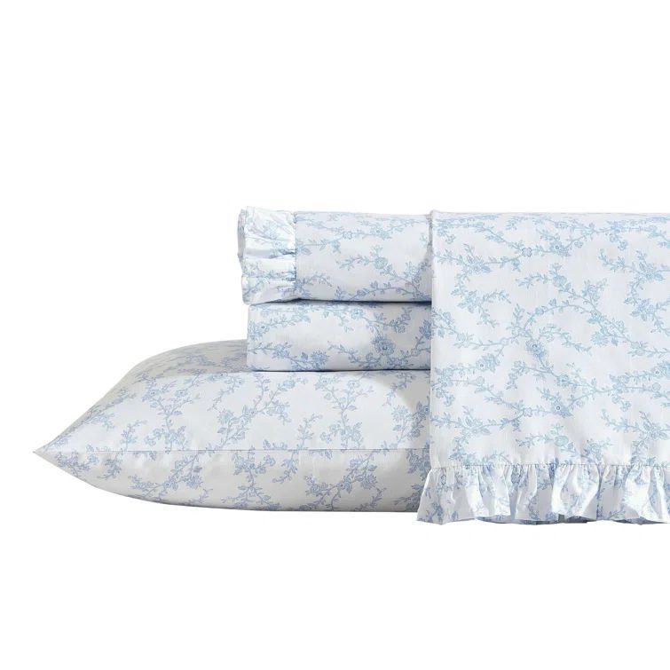 Victoria Blue Floral Cotton King Pillowcase Set with Ruffles