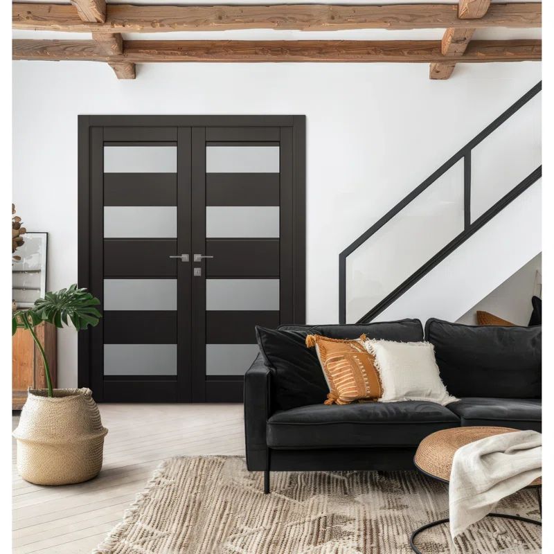 Bianco Noble Black Composite and Frosted Glass Double Interior Door