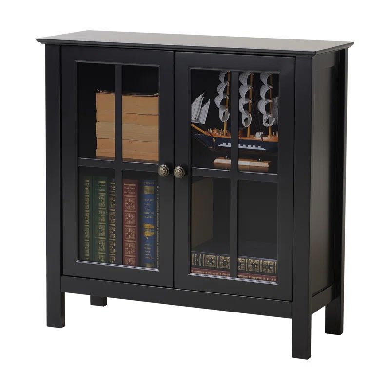 Transitional Black MDF Vertical Curio Cabinet with Tempered Glass Doors