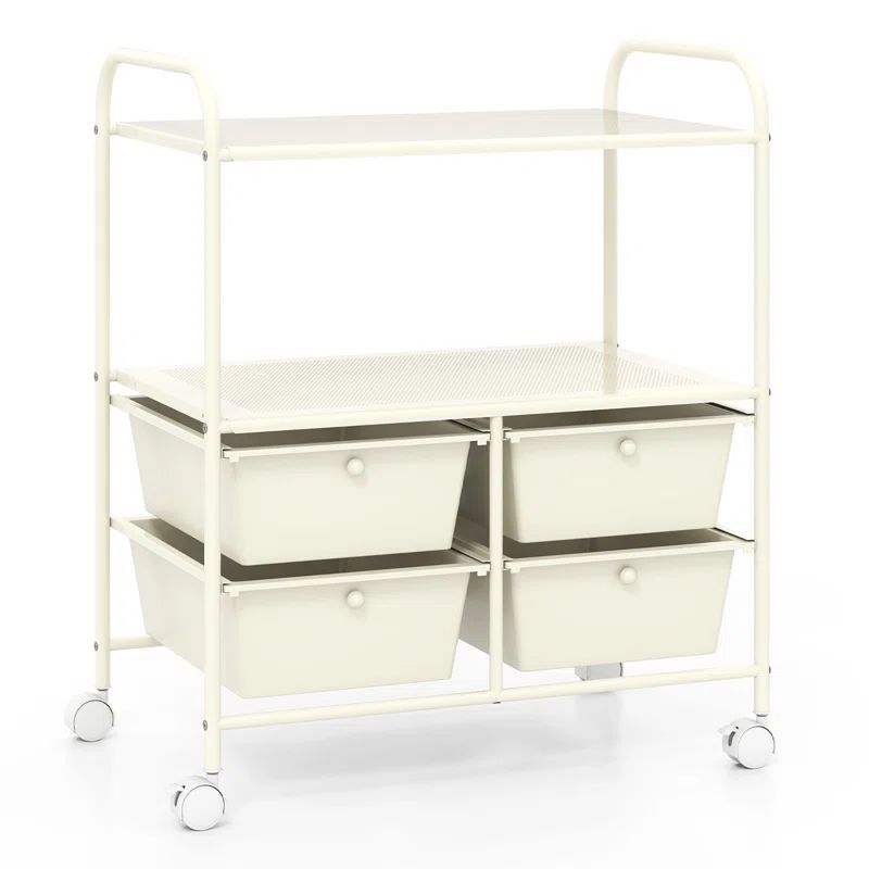 White Metal Rolling Storage Cart with 4 Drawers and Shelves