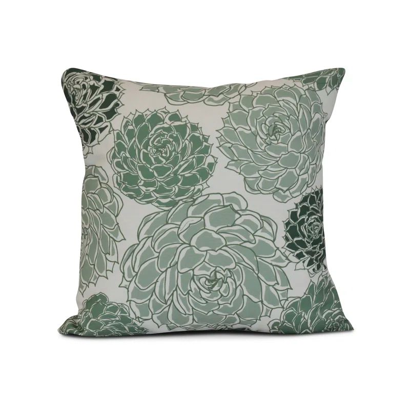 Floral Print Square Green and White Outdoor Pillow