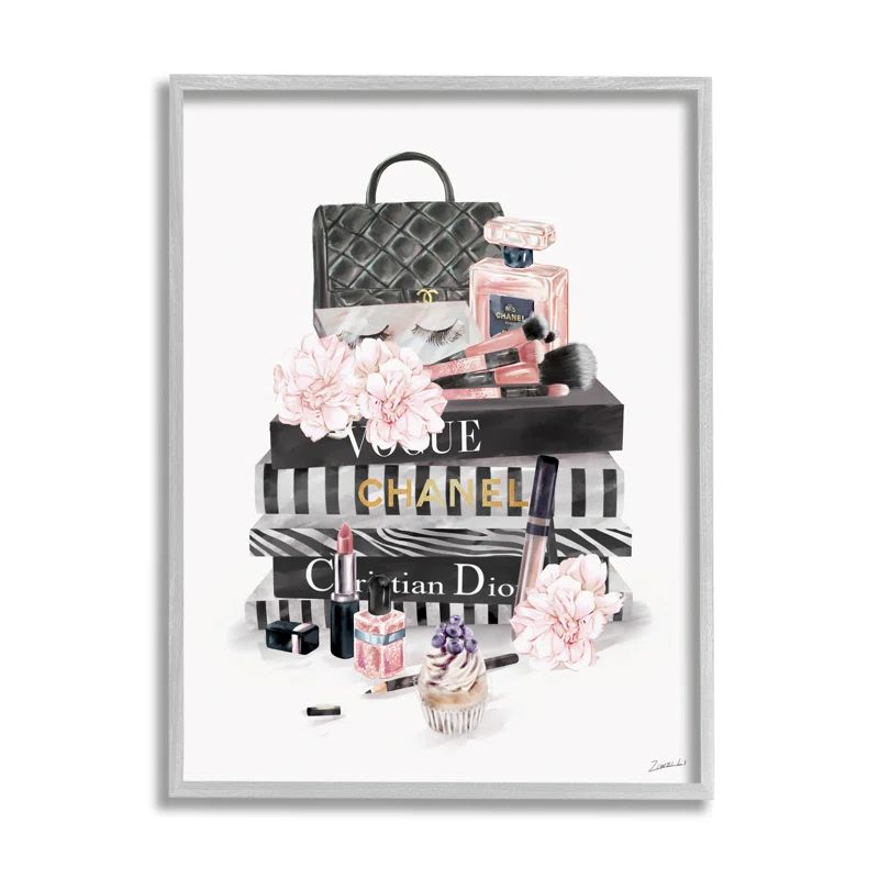 Fashion Forward Book Stack Abstract Canvas Print with Gray Frame