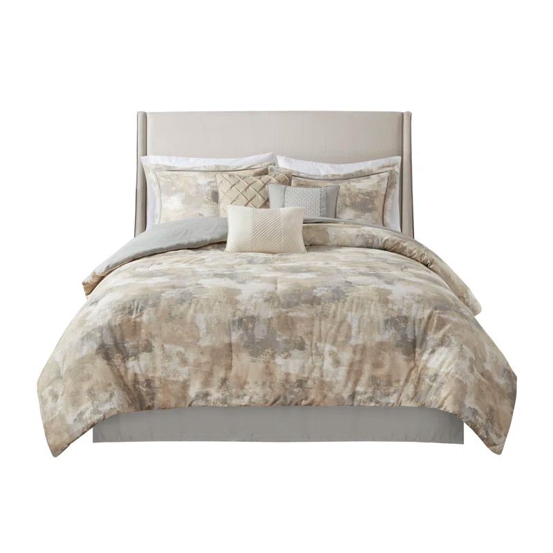 Gray Abstract Print 7-Piece Queen Comforter Set