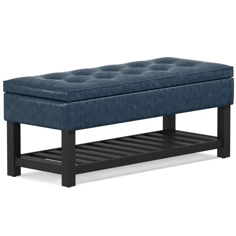 Denim Blue Faux Leather Tufted Ottoman Bench with Open Storage