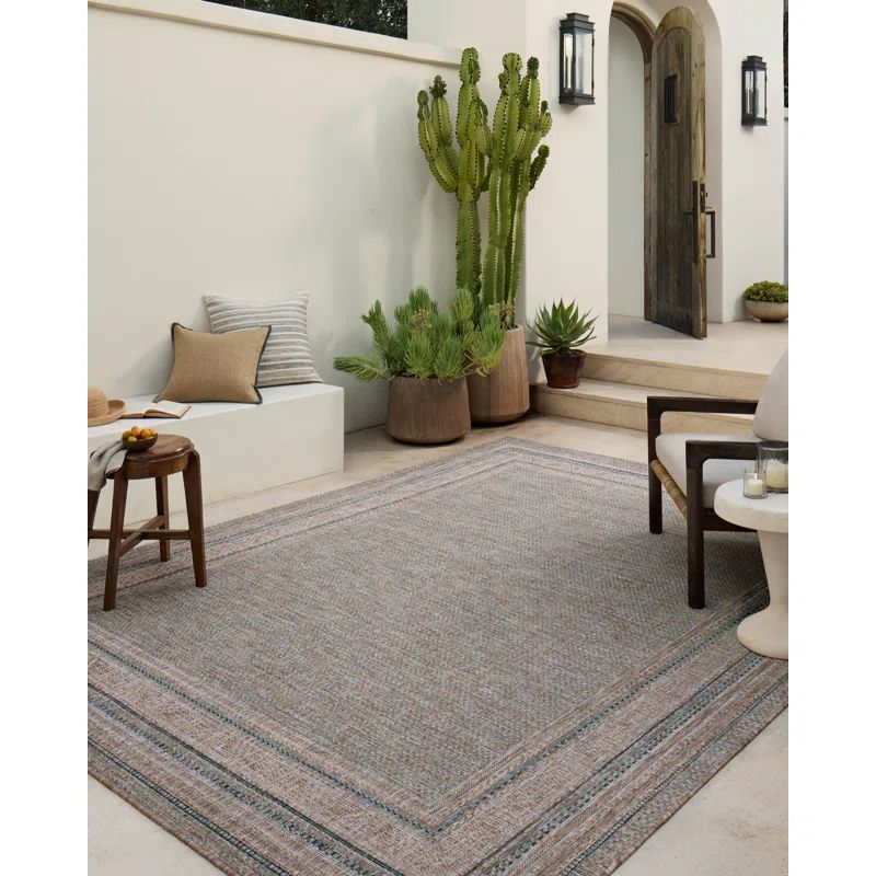 Topanga Natural Teal Geometric Easy Care Indoor Outdoor Rug