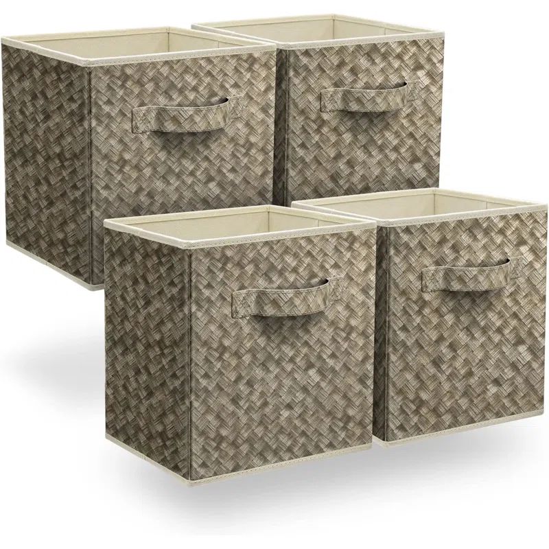 Beige Woven Fabric Collapsible Storage Cube Set with Handles