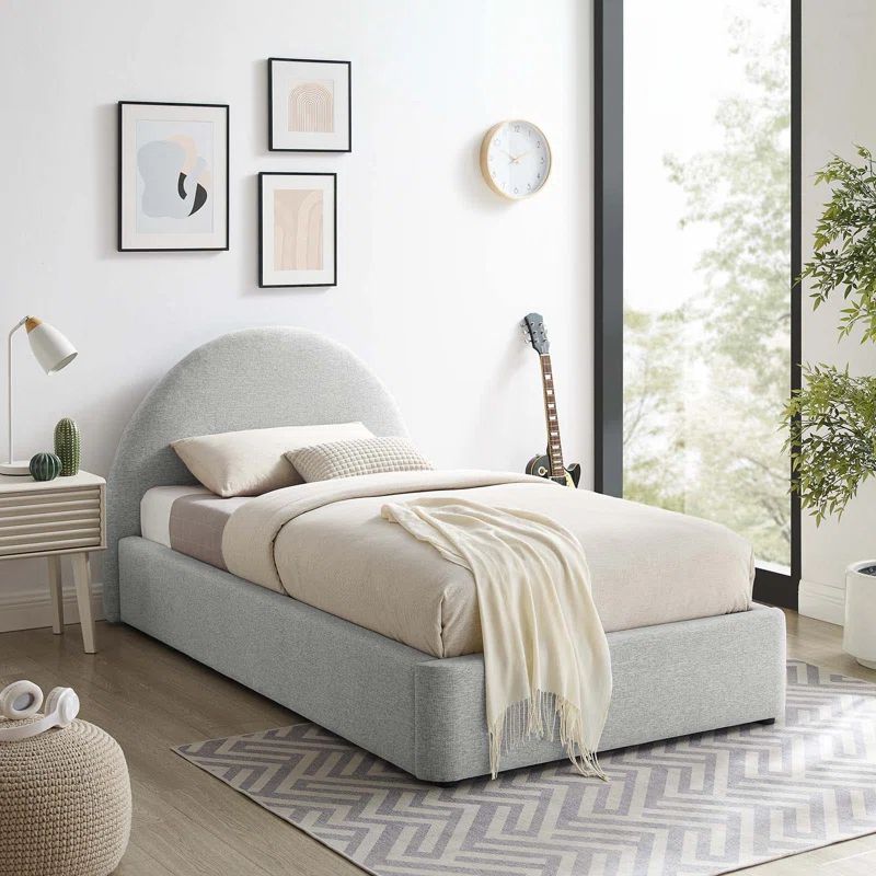 Heathered Light Gray Upholstered Twin Platform Bed with Arched Headboard
