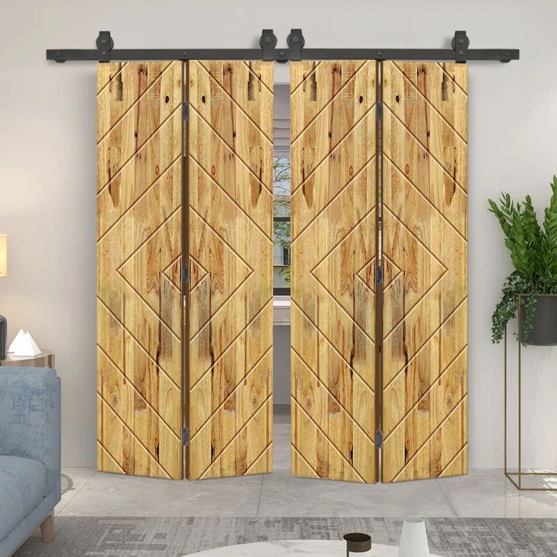 Weather Oak Stained Pine Wood Double Bifold Barn Door with Black Hardware