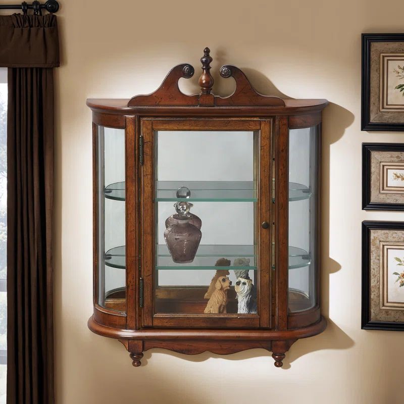 Traditional Oak Finish Wall Curio Cabinet with Mirrored Back
