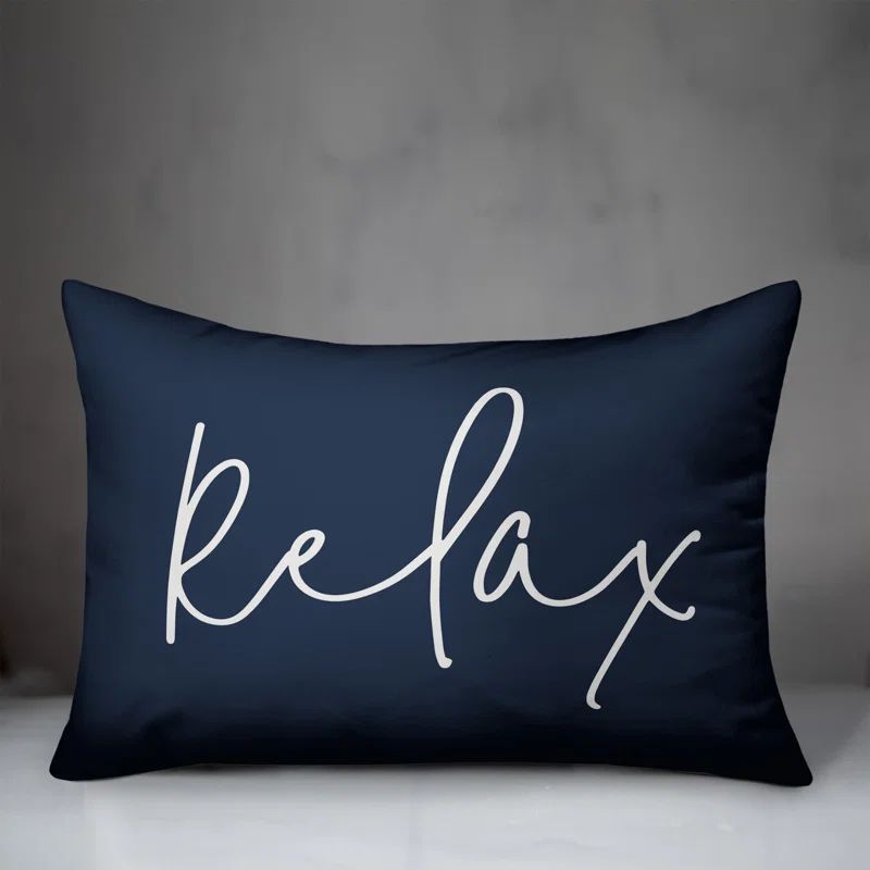 Navy and White Spun Polyester Relax Script Outdoor Lumbar Pillow