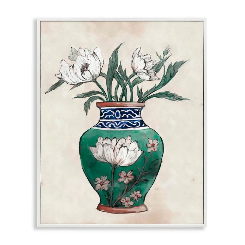 White Framed Floral Oriental Vase Canvas Print, 16 x 20