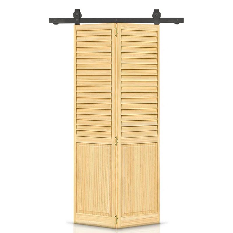 80'' Natural Pine Solid Wood Bi-Fold Barn Door with Black Hardware